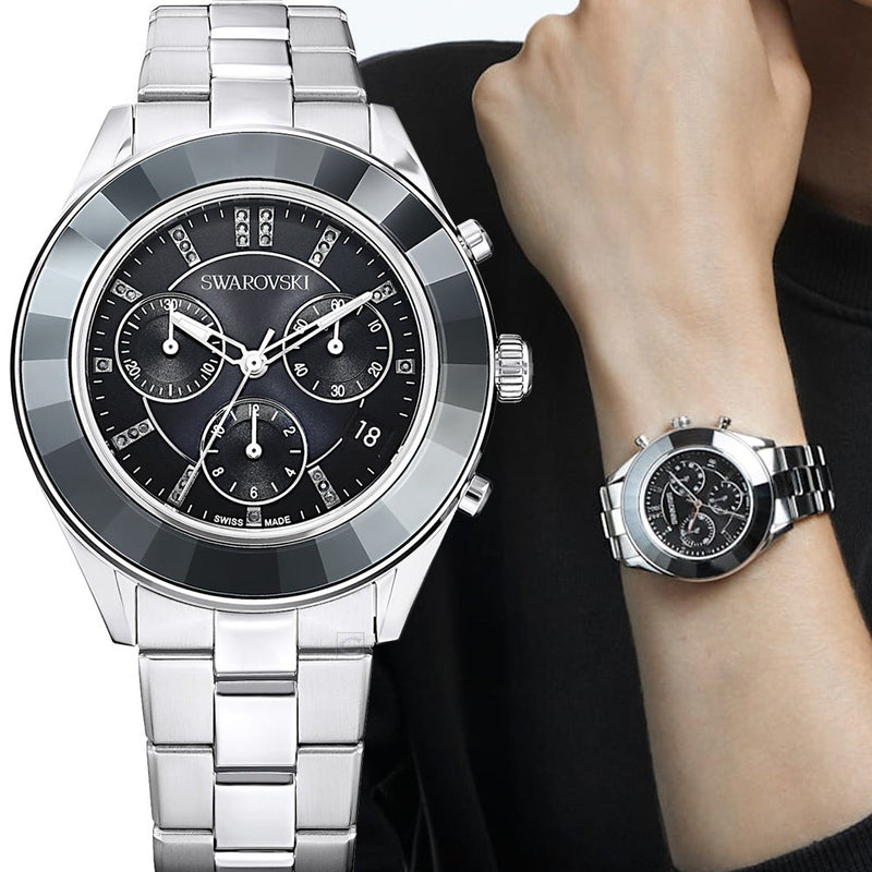 Shop Swarovski Octea Lux Sport Chronograph Black Dial Silver Steel Strap Watch for Women - 5610520 in USA