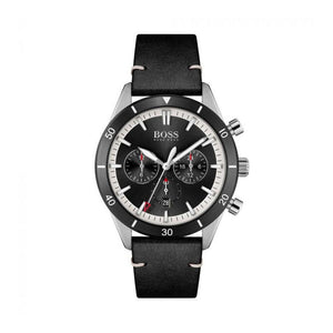 Hugo Boss Globetrotter Chronograph Black Dial Black Leather Strap Watch for Men - 1513864