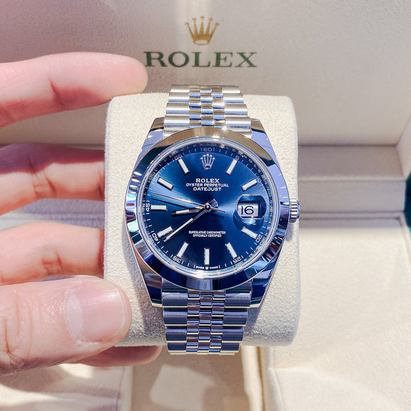 Shop Rolex Datejust 41 Oyster Blue Dial Silver Oystersteel Jubilee Bracelet Watch for Men - M126300-0002 in USA