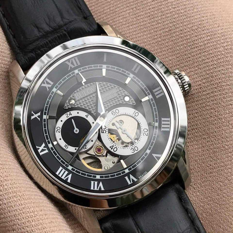 Shop Bulova BVA Classic Automatic Silver Dial Black Leather Strap Watch for Men - 96A135 in USA
