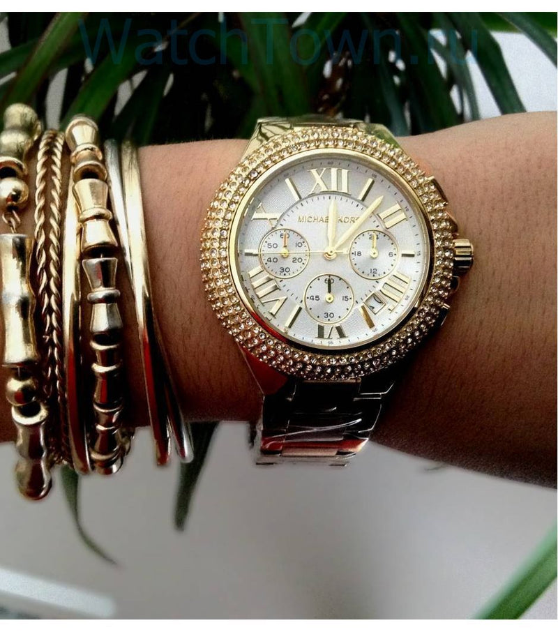 Shop Michael Kors Camille Silver Diamonds Dial Gold Steel Strap Watch for Women - MK5756 in USA