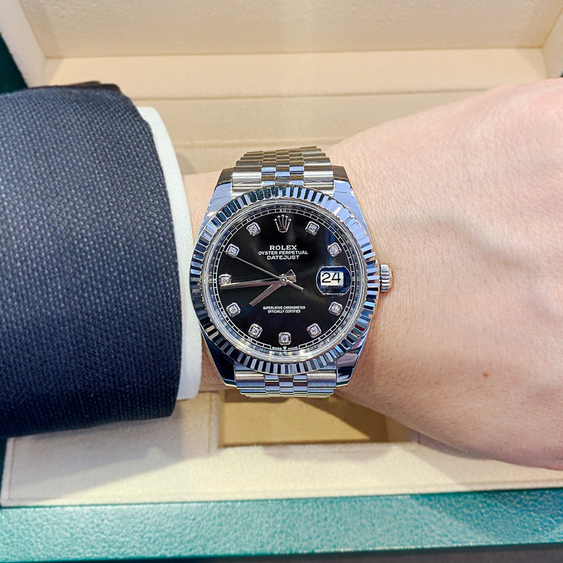 Shop Rolex Datejust 41 Oyster Diamonds Black Dial Oystersteel & White Gold Strap Watch for Men - M126334-0012 in USA