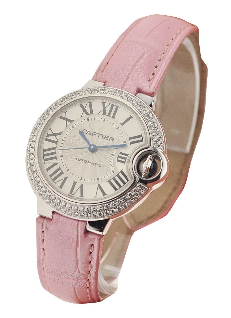 Shop Cartier Ballon Bleu De Cartier Diamonds Silver Dial Pink Leather Strap Watch for Women - WE902037 in USA