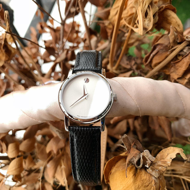 Movado Museum Silver Dial Black Leather Strap Watch For Women - 2100003 Buy Now By Movado