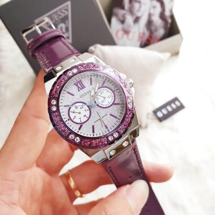 Shop Guess Limelight Quartz Silver Dial Purple Leather Strap Watch For Women - W0775L6 in USA