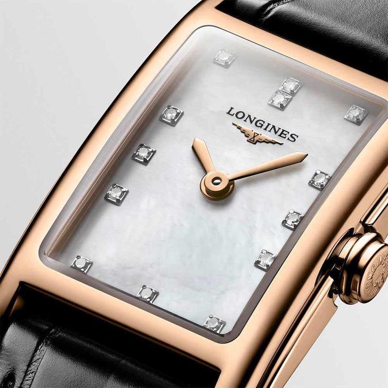 Longines Dolcevita Diamonds Mother of Pearl White Dial Black Leather Strap Watch for Women - L5.258.8.87.0 Buy Now By Longines