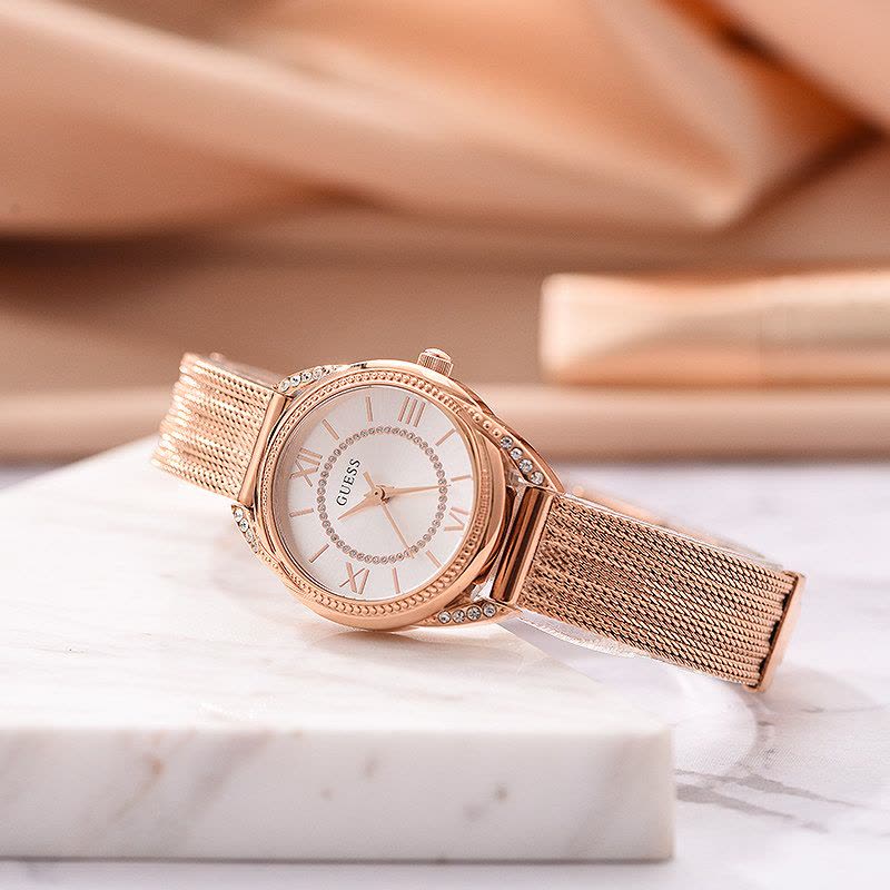 Shop Guess Whisper Silver Dial Rose Gold Mesh Bracelet Watch for Women - W1084L3 in USA