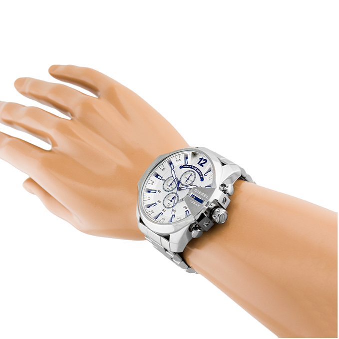 Diesel Mega Chief Chronograph White Dial Silver Steel Strap Watch For Men - DZ4477