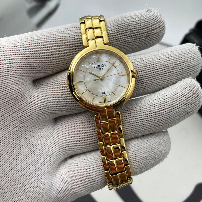 Tissot Flamingo Mother of Pearl White Dial Gold Steel Strap Watch For Women - T094.210.33.111.00 Buy Now By Tissot