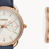 Fossil Tailor White Dial Blue Leather Strap Watch for Women - ES4394