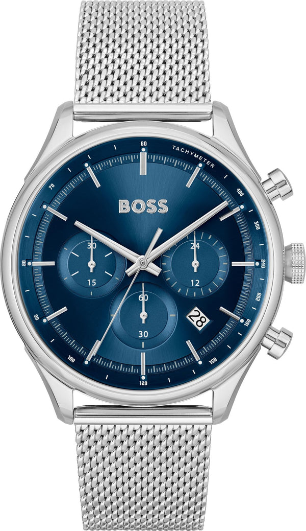 Shop Hugo Boss Gregor Chronograph Blue Dial Silver Mesh Bracelet Watch For Men - 1514052 in USA