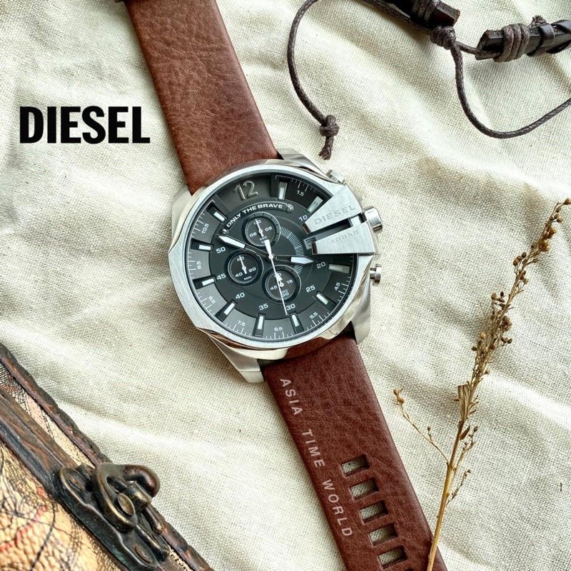 Shop Diesel Mega Chief Black & Silver Round Dial Brown Leather Strap Watch For Men - DZ4290 in USA