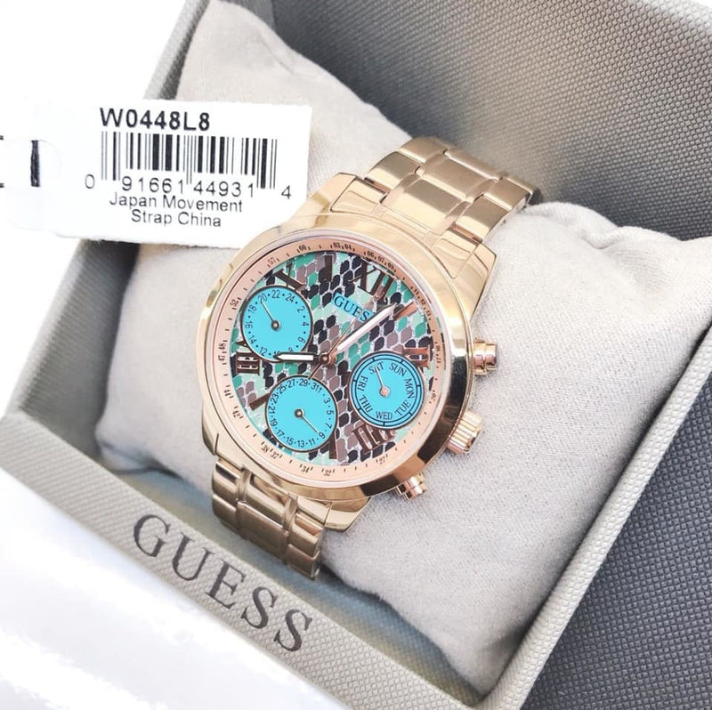 Guess Mini Sunrise Multi Function Analog Turquoise Dial Rose Gold Steel Strap Watch For Women - W0448L8 Buy Now By Guess