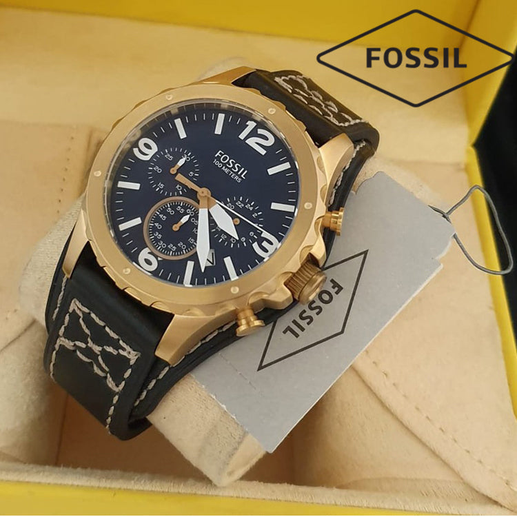 Shop Fossil Nate Chronograph Blue Dial Brown Leather Strap Watch for Men - JR1505 in USA