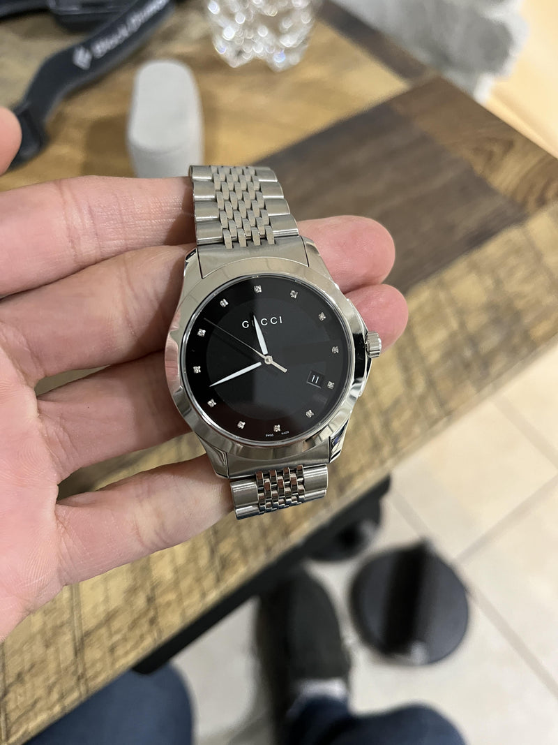 Shop Gucci G Timeless Diamonds Black Dial Silver Steel Strap Watch For Men - YA126405 in USA
