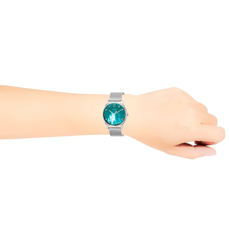 Gucci G-Timeless Turquoise Mother of Pearl Dial Silver Mesh Bracelet Watch For Women - YA126582