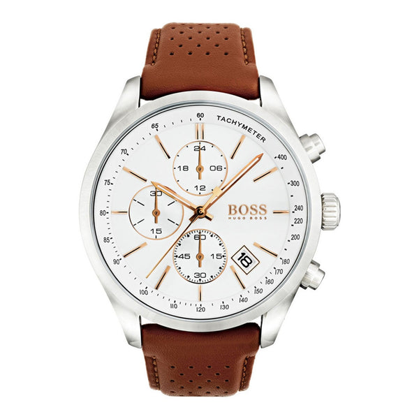 Shop Hugo Boss Grand Prix White Dial Brown Leather Strap Watch for Men - 1513475 in USA