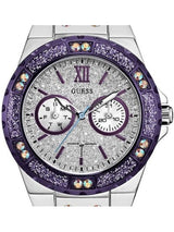 Shop Guess Limelight Quartz Silver Dial Purple Leather Strap Watch For Women - W0775L6 in USA