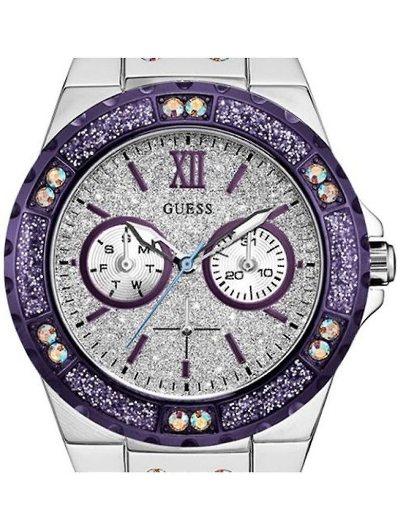 Shop Guess Limelight Quartz Silver Dial Purple Leather Strap Watch For Women - W0775L6 in USA