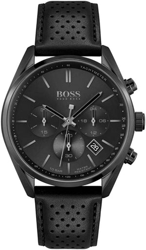 Hugo Boss Champion Chronograph Black Dial Black Leather Strap Watch for Men - 1513880