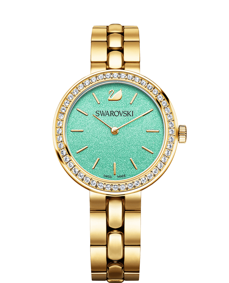 Shop Swarovski Daytime Crystals Turquoise Dial Gold Steel Strap Watch for Women - 5182212 in USA