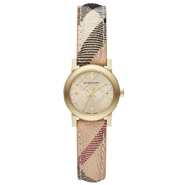 Shop Burberry The City Gold Dial Haymarket Brown Leather Strap Watch for Women - BU9219 in USA