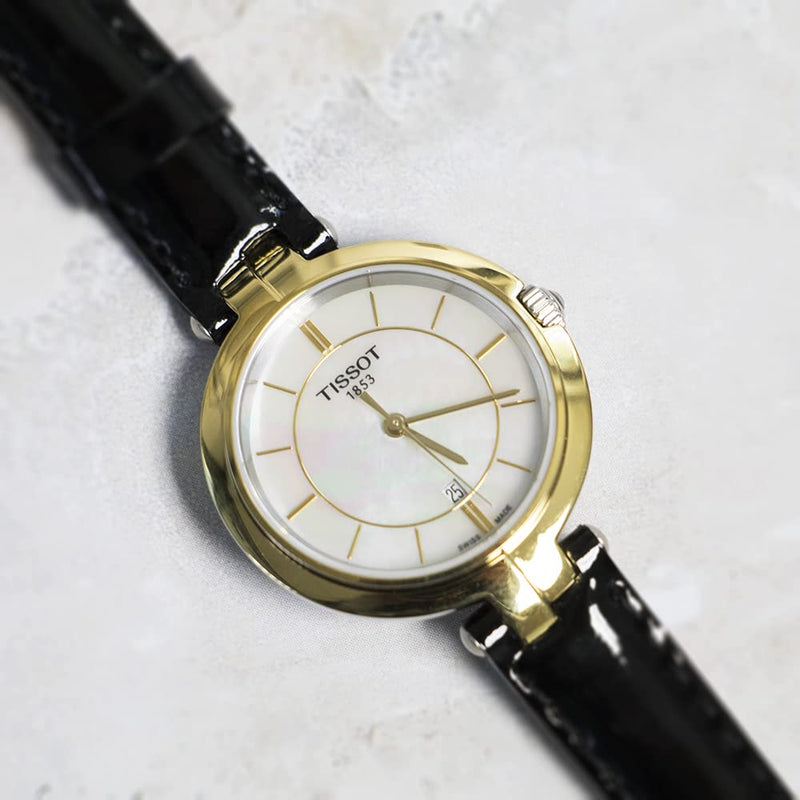 Tissot Flamingo Mother of Pearl White Dial Black Leather Strap Watch For Women - T094.210.26.111.00 Buy Now By Tissot