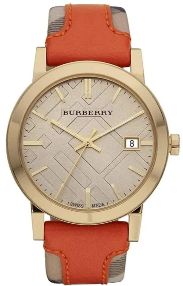 Shop Burberry The City Gold Dial Orange Leather Strap Watch for Women - BU9016 in USA