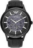Emporio Armani Meccanico Automatic Skeleton Black Dial Black Leather Strap Watch For Men - AR60042