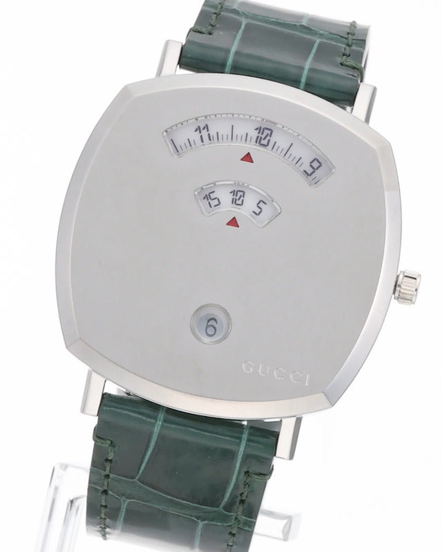 Shop Gucci Grip Quartz Silver Dial Green Leather Strap Watch For Women - YA157414 in USA