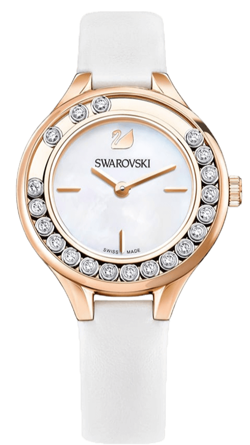 Shop Swarovski Lovely Crystals Mother of Pearl Dial White Leather Strap Watch for Women - 5242904 in USA