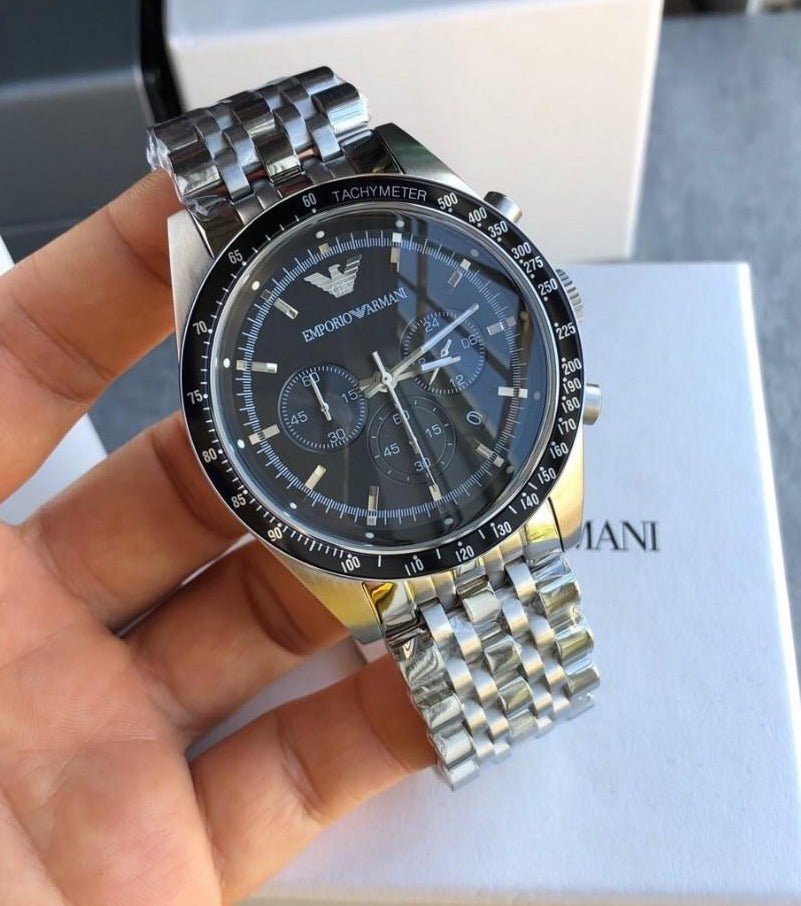 Emporio Armani Tazio Chronograph Black Dial Silver Steel Strap Watch For Men - AR5988