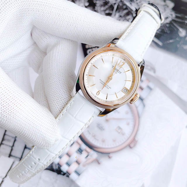 Tissot T-Classic Powermatic 80 Mother of Pearl Silver Dial White Leather Strap Watch For Women - T108.208.26.117.00 Buy Now By Tissot