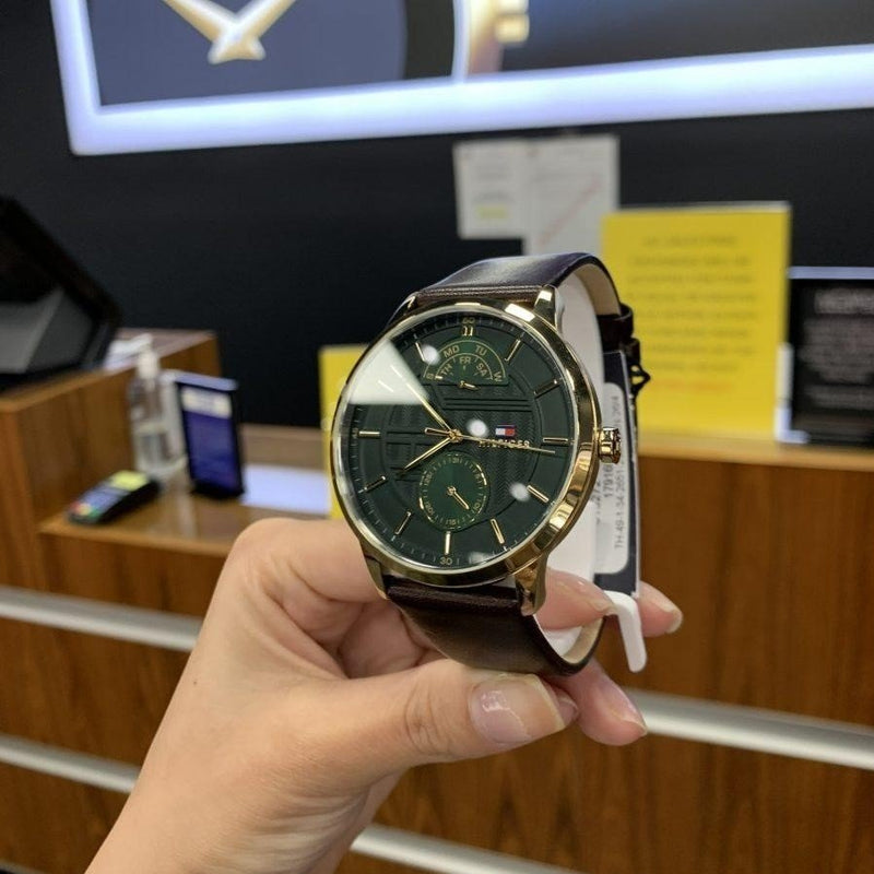 Tommy Hilfiger Hunter Green Dial Brown Leather Strap Watch for Men - 1791607