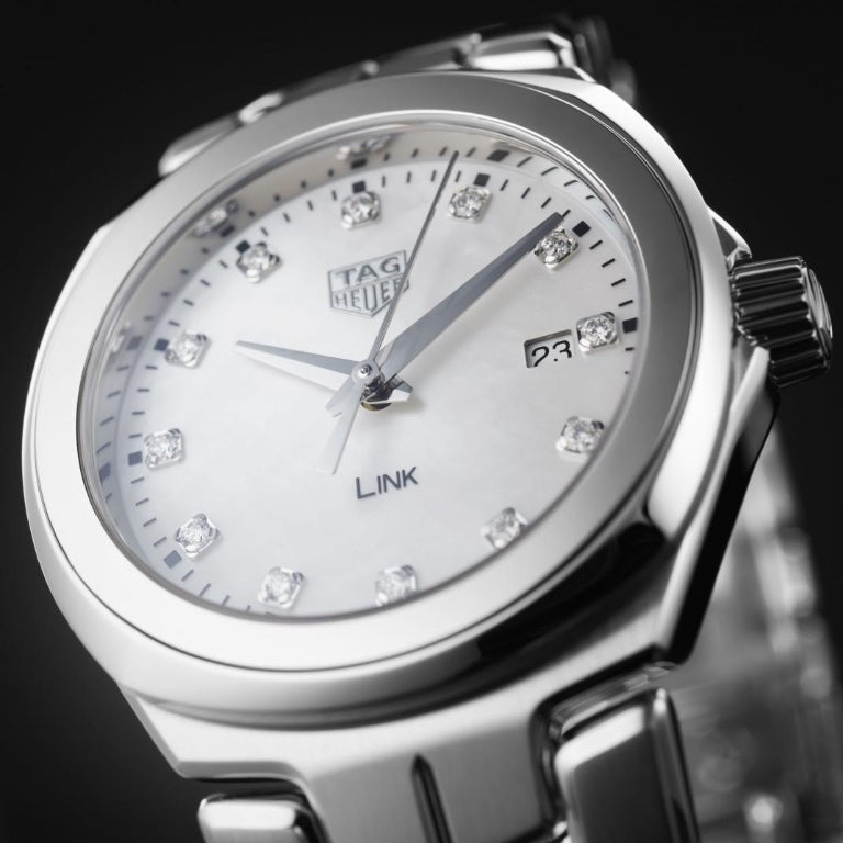 Shop Tag Heuer Link Quartz Diamonds Mother of Pearl Dial Silver Steel Strap Watch for Women - WBC1312.BA0600 in USA