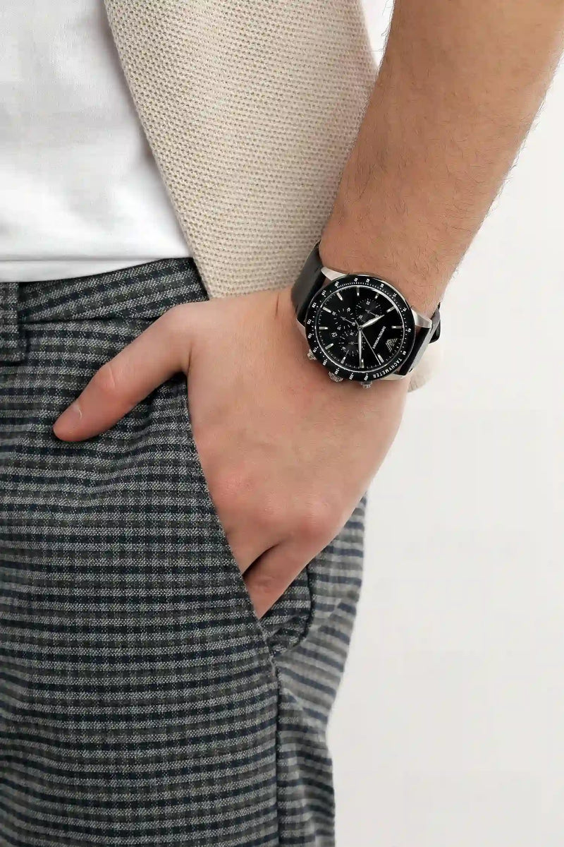 Emporio Armani Mario Chronograph Black Dial Black Leather Strap Watch For Men - AR11243 Buy Now By Emporio Armani