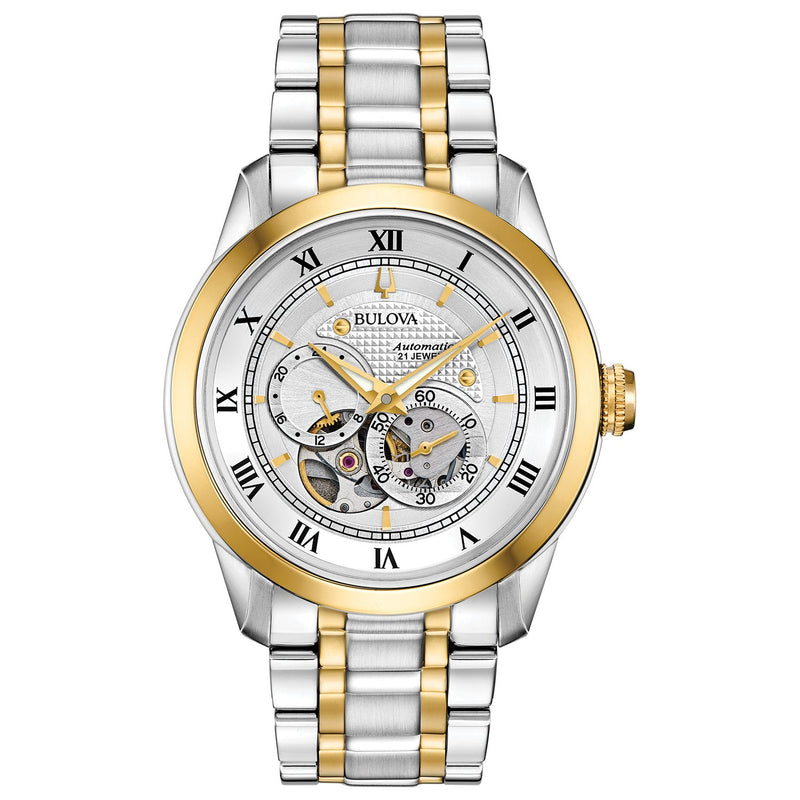 Bulova BVA Skeleton Silver Dial Two Tone Steel Strap Watch for Men - 98A230 Buy Now By Bulova