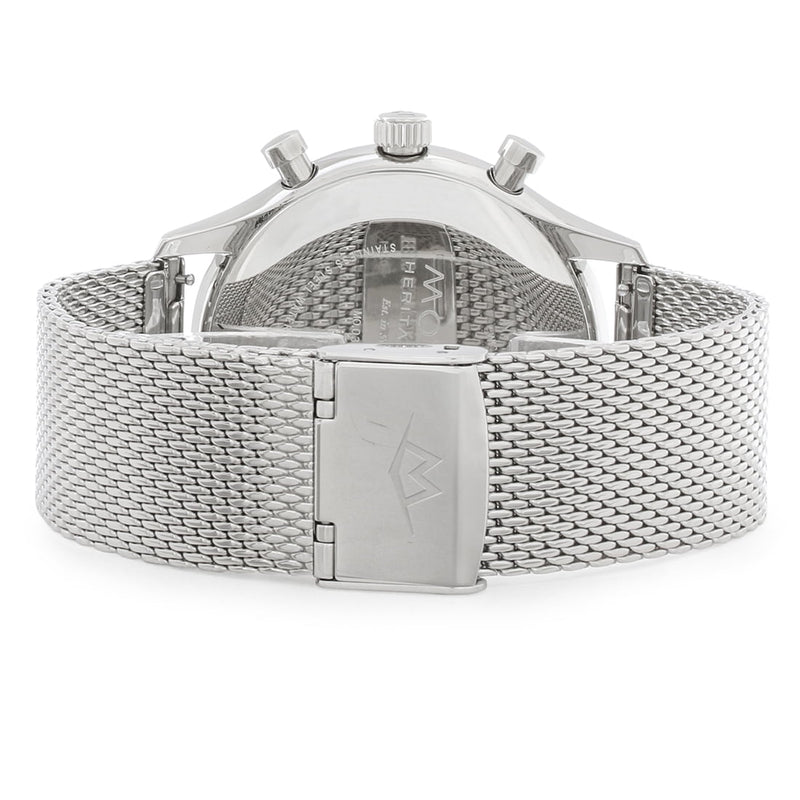Shop Movado Heritage Calendoplan Chronograph Black Dial Silver Mesh Strap Watch for Men - 3650097 in USA