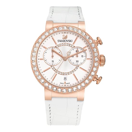 Shop Swarovski Citra Sphere Chrono White Dial White Leather Strap Watch for Women - 5080602 in USA