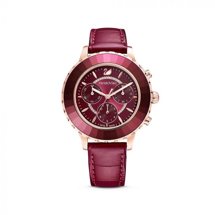 Shop Swarovski Octea Lux Chrono Red Dial Red Leather Strap Watch for Women - 5547642 in USA