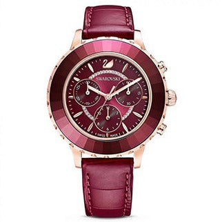 Shop Swarovski Octea Lux Chrono Red Dial Red Leather Strap Watch for Women - 5547642 in USA