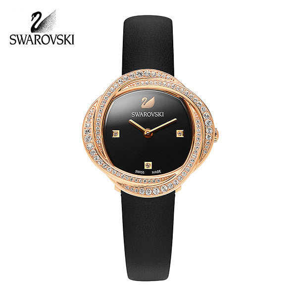 Shop Swarovski Crystal Flower Black Dial Black Leather Strap Watch for Women - 5552421 in USA