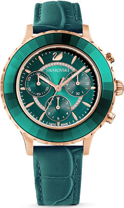 Swarovski Octea Lux Chrono Emerald Green Dial Green Leather Strap Watch for Women - 5452498