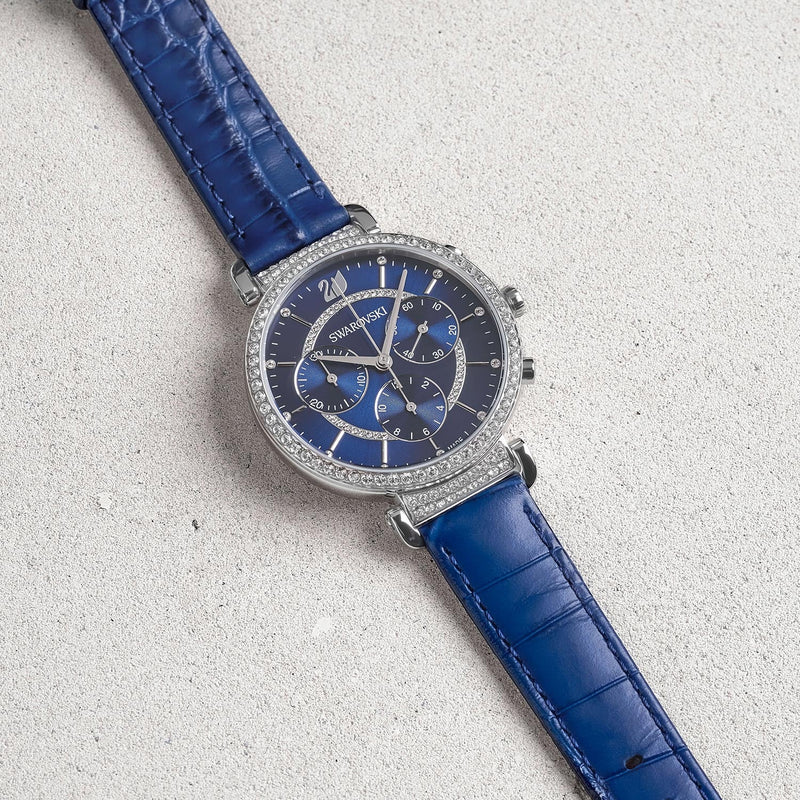 Shop Swarovski Passage Chrono Crystal Blue Dial Blue Leather Strap Watch for Women - 5580342 in USA