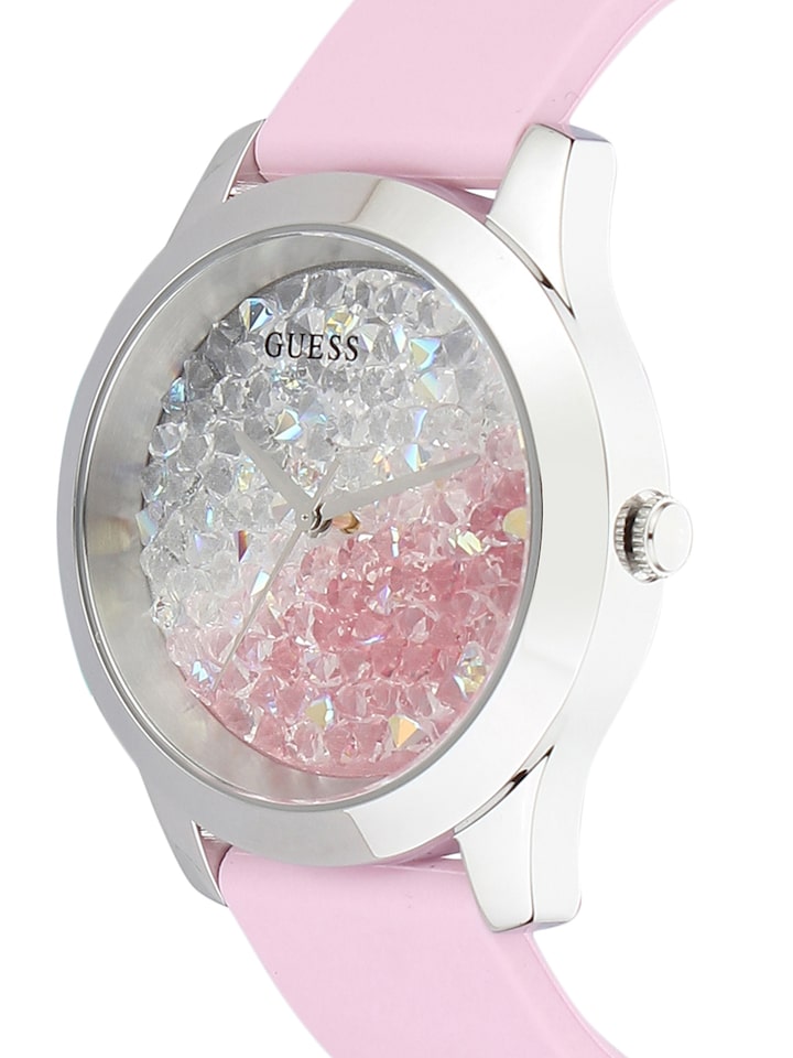 Guess Crush Crystals Silver Dial Pink Rubber Strap Watch for Women - W1223L1 Buy Now By Guess