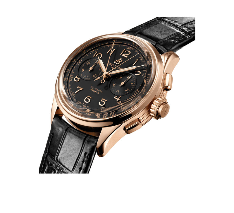 Breitling Premier B15 Datora 42 Black Dial Black Leather Strap Watch for Men - RB1510251B1P1