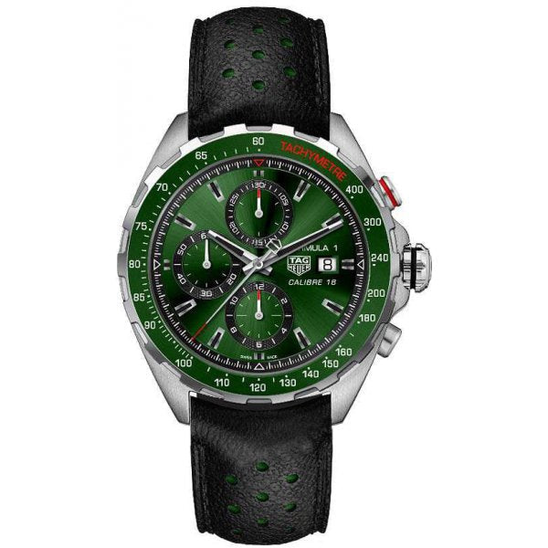 Shop Tag Heuer Formula 1 Calibre 16 Automatic Chronograph Green Dial Black Leather Strap Watch for Men - CAZ2016.FC6473 in USA