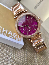 Michael Kors Mini Parker Multi-Function Plum Mother of Pearl Dial Rose Gold Steel Strap Watch For Women - MK6403 Buy Now By Michael Kors