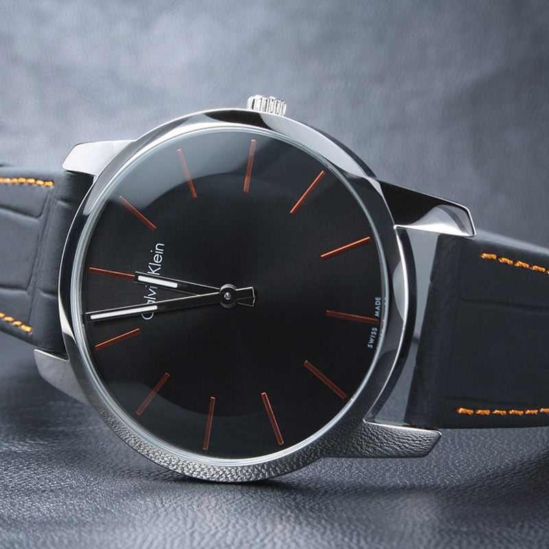 Calvin Klein City Black Dial Black Leather Strap Watch for Men - K2G211C1