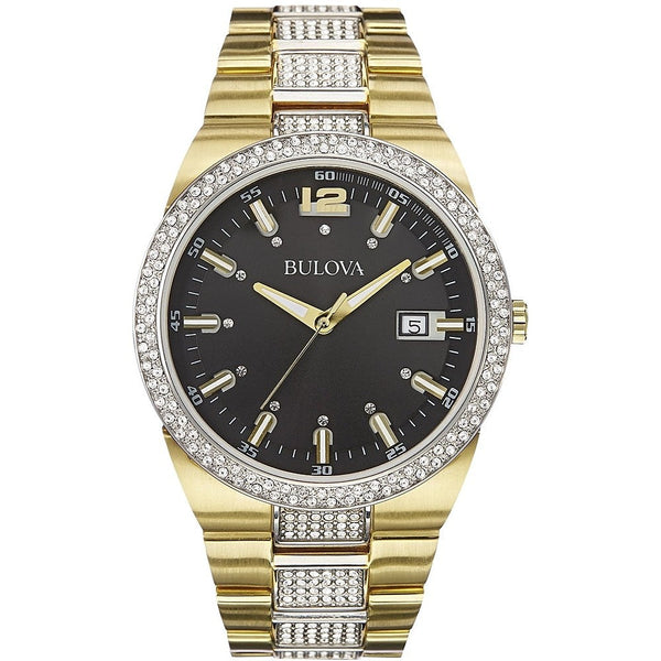 Shop Bulova Crystal Black Dial Two Tone Steel Strap Watch for Men - 98B235 in USA